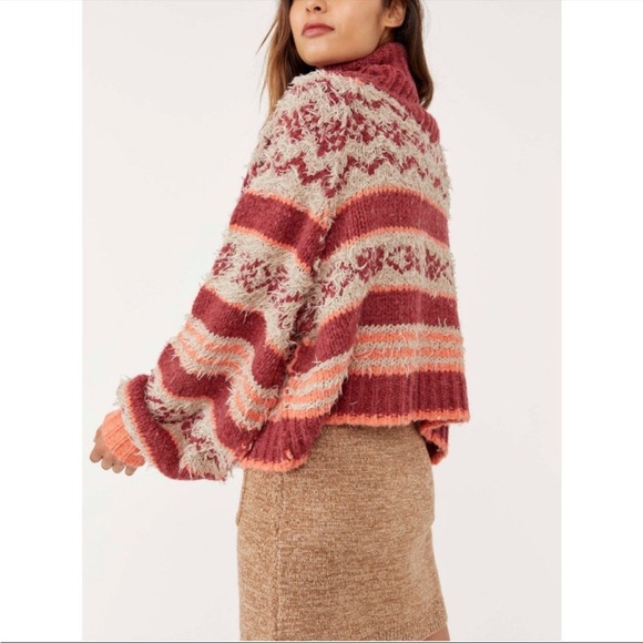 NWT Free People fair isle turtle neck sweater / Holly Berry Combo SMALL - Picture 3 of 4